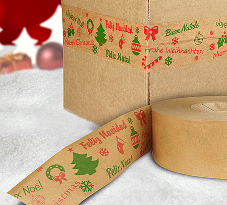 Nassklebeband mit Weihnachtsmotiv, 100% recycelbar Nassklebeband mit Weihnachtsmotiv, 100% recycelbar